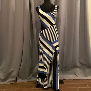 AB STUDIO geometric black, white, blue maxi dress. SMALL